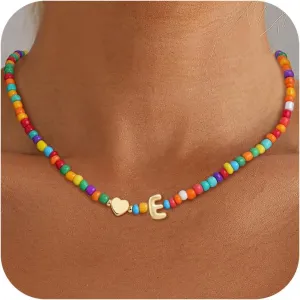 Colorful Beaded Initial Necklaces for Girls Women - Dainty 14K Gold Plated Heart Letter Necklace, Personalized Jewelry for Teen Girls Birthday Gifts