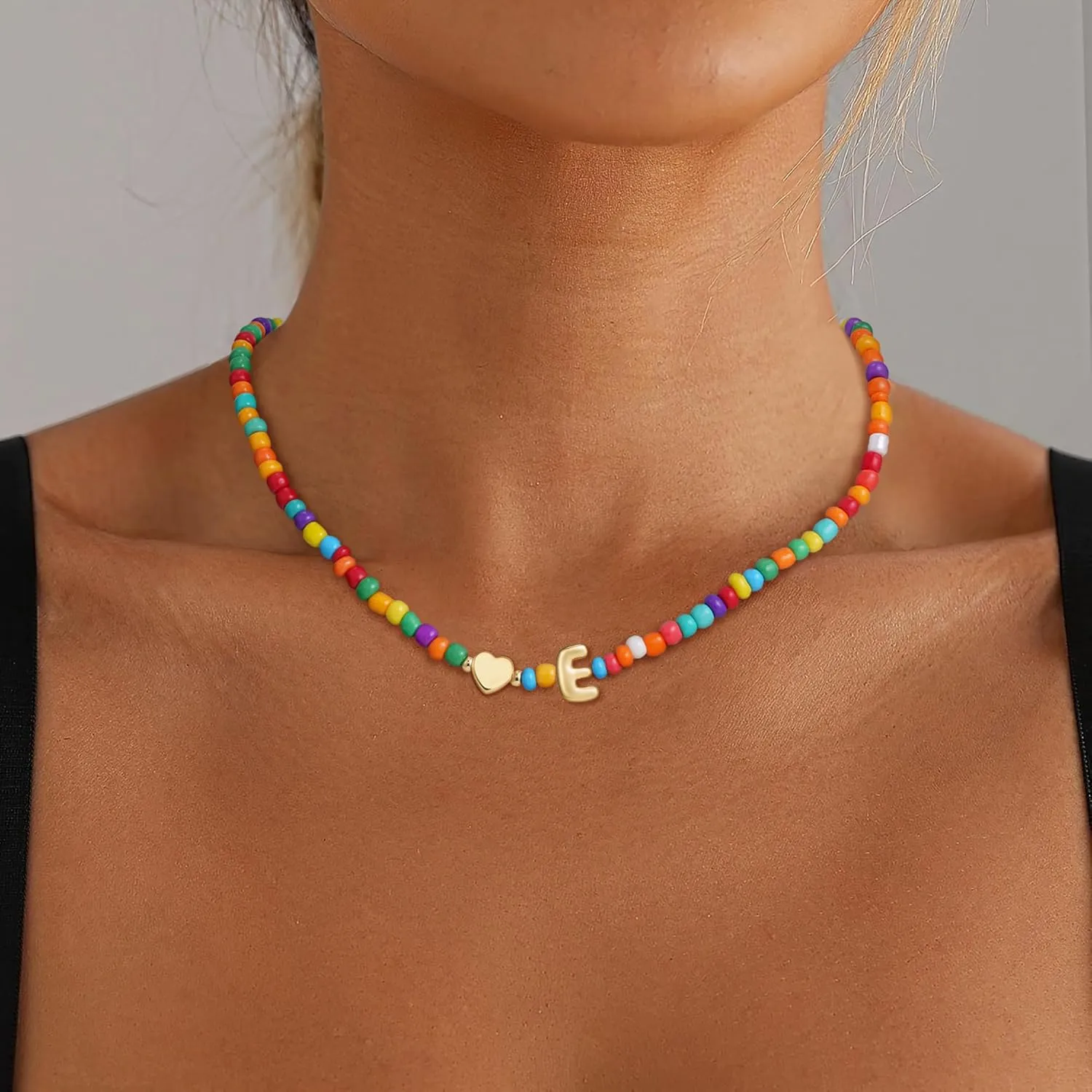 Colorful Beaded Initial Necklaces for Girls Women - Dainty 14K Gold Plated Heart Letter Necklace, Personalized Jewelry for Teen Girls Birthday Gifts