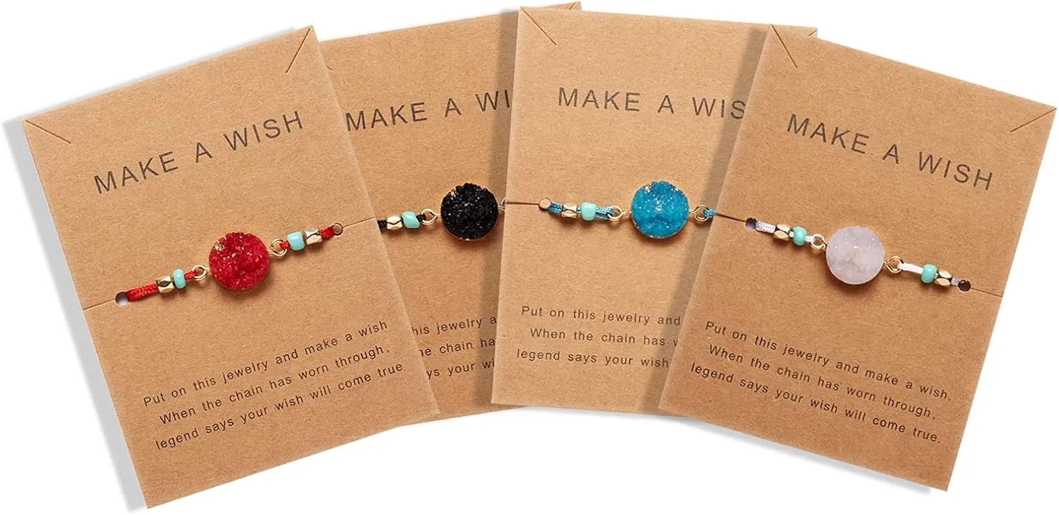 COLORFUL BLING 4pcs Resin Moon Crescent Round Natural Stone Bracelets Set Friendship Hand Woven Braided Stretch String Adjustable for Couples Lovers Personalized Wish Card Jewelry-Purple Red