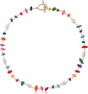 Colorful Chip Stone Beads Choker Pearl Beaded Necklace for Women Bohemian Natural Stone Beads Necklace Multicolor Y2K Statement Necklace Adjustable Boho Summer Beach Party Jewelry Gift for Women