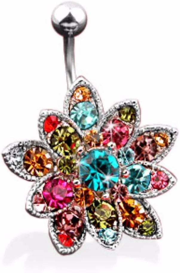 Colorful Crystals Paved Large Flower Belly WildKlass Rings (Sold by Piece)