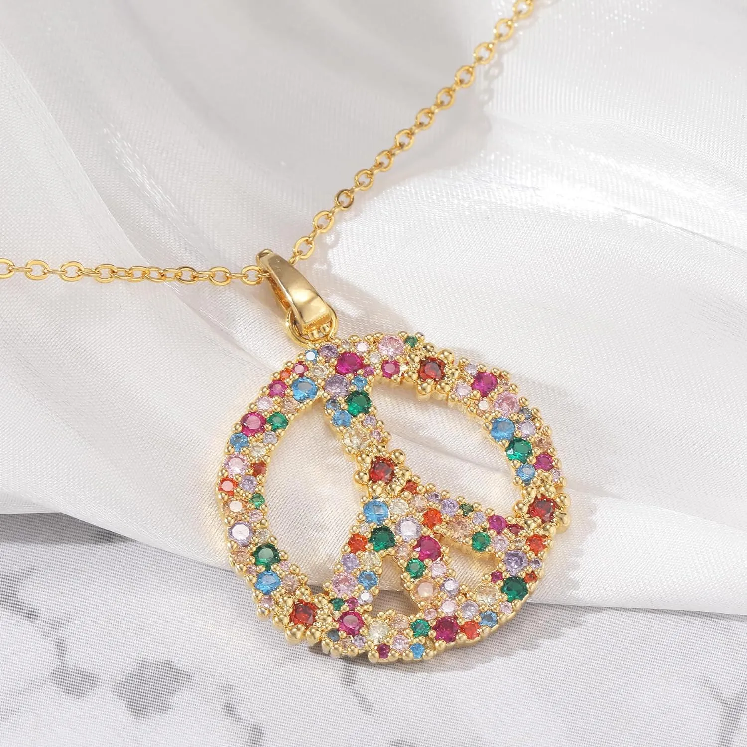 Colorful Peace Sign Pendant Women's 14K Gold Plated Cubic Zirconia love Peace Symbol Heart, Music Note, Adjustable Boho Hippie Necklace Gift