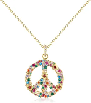 Colorful Peace Sign Pendant Women's 14K Gold Plated Cubic Zirconia love Peace Symbol Heart, Music Note, Adjustable Boho Hippie Necklace Gift