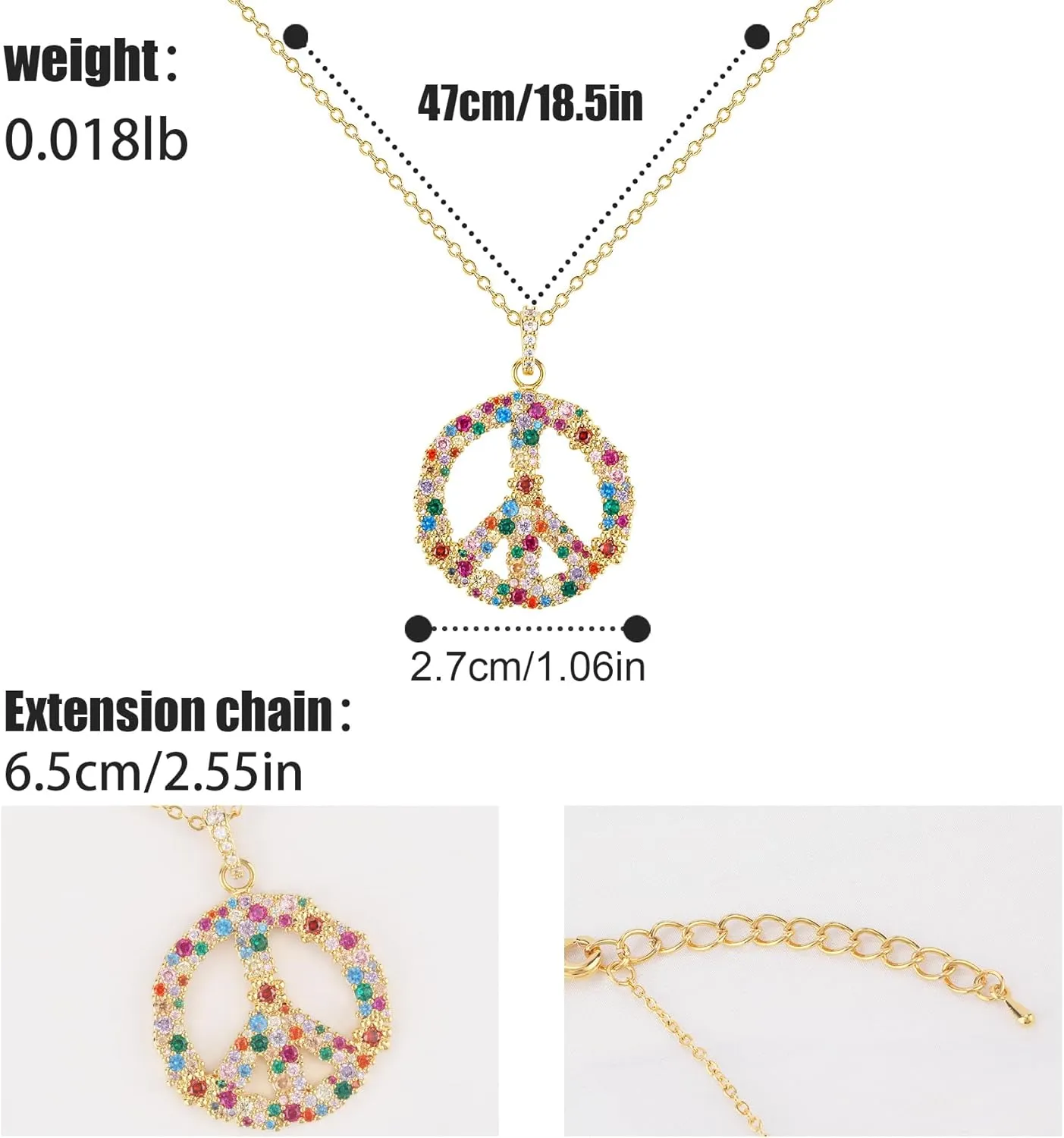 Colorful Peace Sign Pendant Women's 14K Gold Plated Cubic Zirconia love Peace Symbol Heart, Music Note, Adjustable Boho Hippie Necklace Gift