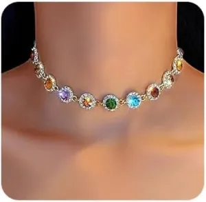 Colorful Rhinestone Necklace Gold Crystal Choker Sparkly Party Prom Necklace Chain Jewelry for women