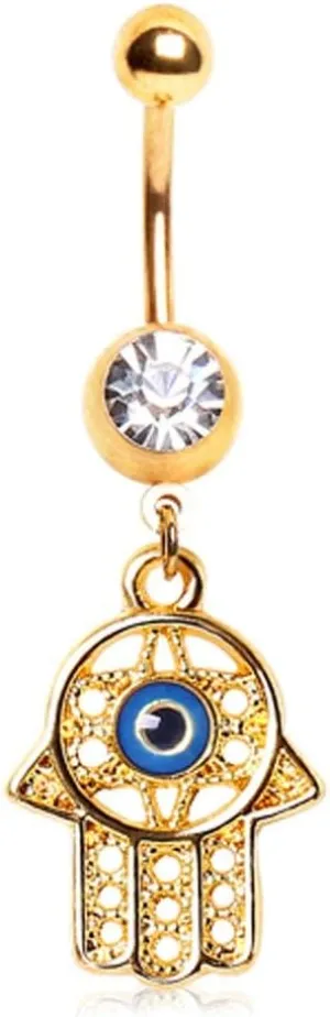 Covet Jewelry Gold Plated Gemmed Navel Ring with Intricate Hamsa and All Seeing Eye Dangle