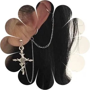 Cross Chain Cuff Earrings Silver Cross Dangle Chain Earrings Long Crucifix Drop Earrings Religious Ear Cuff Wrap Chain Earrings Jewelry for Women