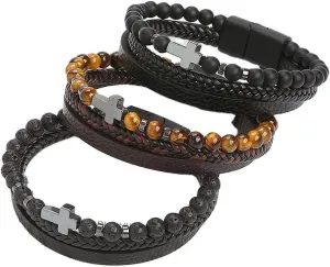 Cross Leather Bracelet for Men Multi Layer Braided Bracelet with Natural Stone Beads Tiger Eye Obsidian Alabaster Lazurite Unisex Cuff with Alloy Clasp Anniversary Birthday Christmas Jewelry Gift