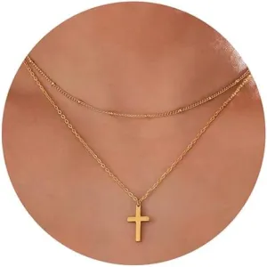 Cross Necklace for Women 14K Gold Plated Cute Cross Pendant Choker Necklaces Dainty Layered Necklace Simple Trendy Everyday Jewelr
