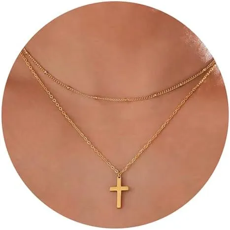 Cross Necklace for Women 14K Gold Plated Cute Cross Pendant Choker Necklaces Dainty Layered Necklace Simple Trendy Everyday Jewelr