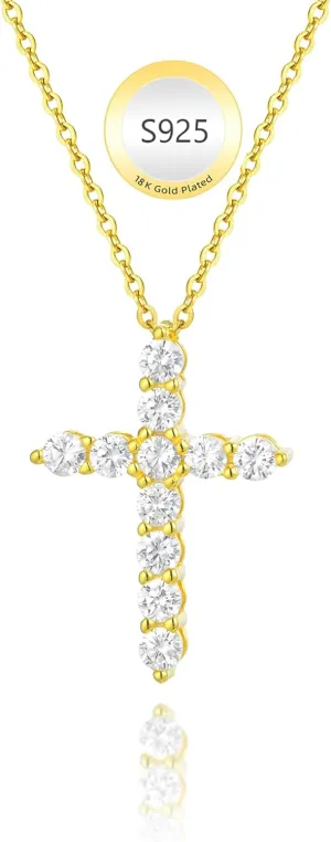 Cross Necklaces for Women 925 Sterling Silver 18K Gold Plated Cubic Zirconia Cross Pendant Necklace Simple Jesus Cross Necklace Cute Simulated Diamond Jewelry Religious Minimalist Gift