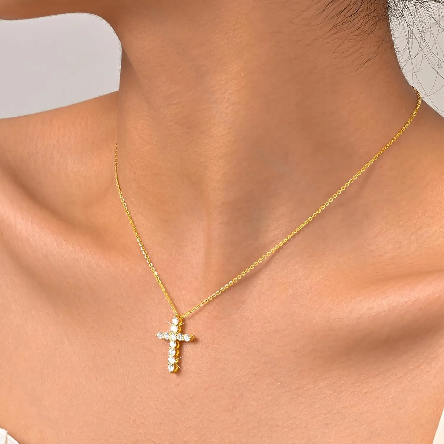 Cross Necklaces for Women 925 Sterling Silver 18K Gold Plated Cubic Zirconia Cross Pendant Necklace Simple Jesus Cross Necklace Cute Simulated Diamond Jewelry Religious Minimalist Gift