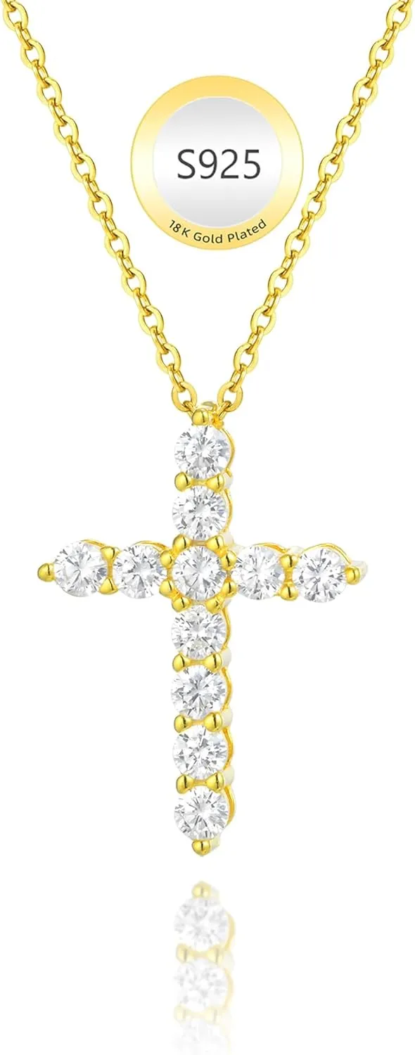 Cross Necklaces for Women 925 Sterling Silver 18K Gold Plated Cubic Zirconia Cross Pendant Necklace Simple Jesus Cross Necklace Cute Simulated Diamond Jewelry Religious Minimalist Gift