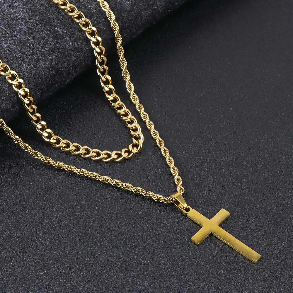 Cross Pendant Necklace for Men Women,Silver Gold Black Stainless Steel Layered Chain Christian Faith Cross Necklaces
