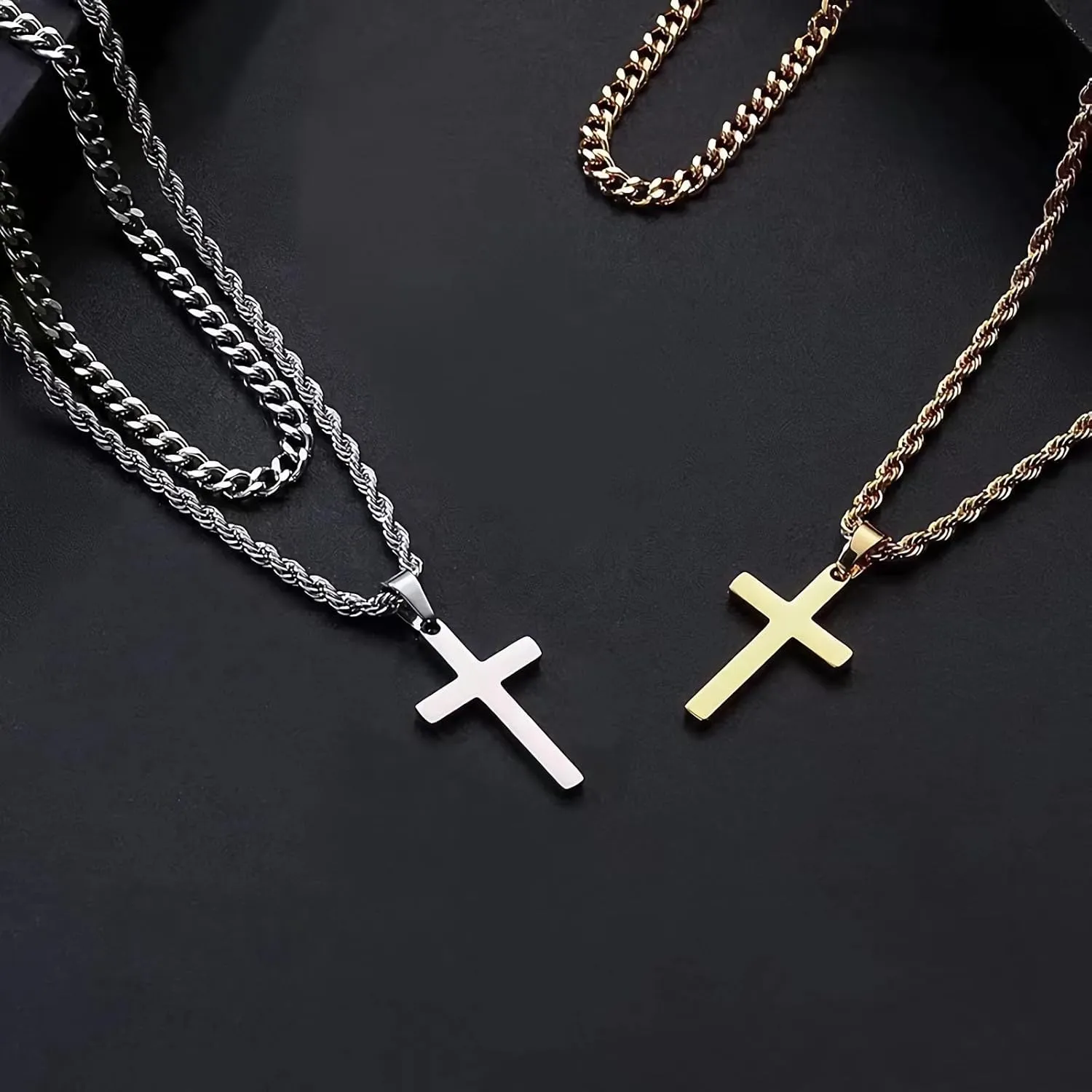 Cross Pendant Necklace for Men Women,Silver Gold Black Stainless Steel Layered Chain Christian Faith Cross Necklaces