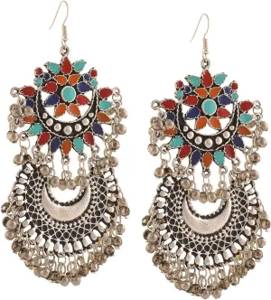 CrunchyFashion Boho Vintage Antique Ethnic Gypsy Tribal Indian Oxidized Silver Jewelry Long Mirror Earrings Set For Women||Gifts for her, wife