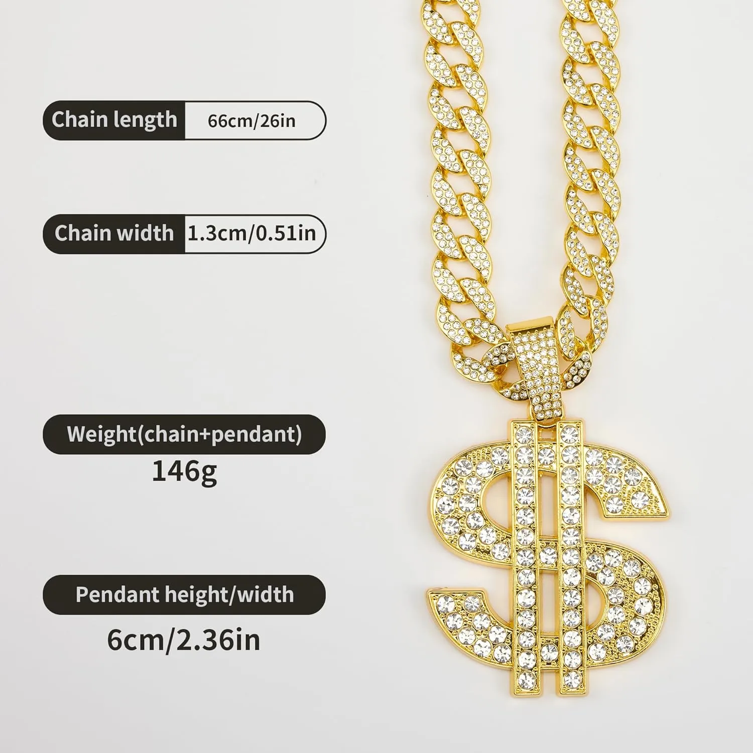 Cuban chain fake necklace 18K gold-plated hip-hop necklace large dollar logo pendant, men's and women's necklaces