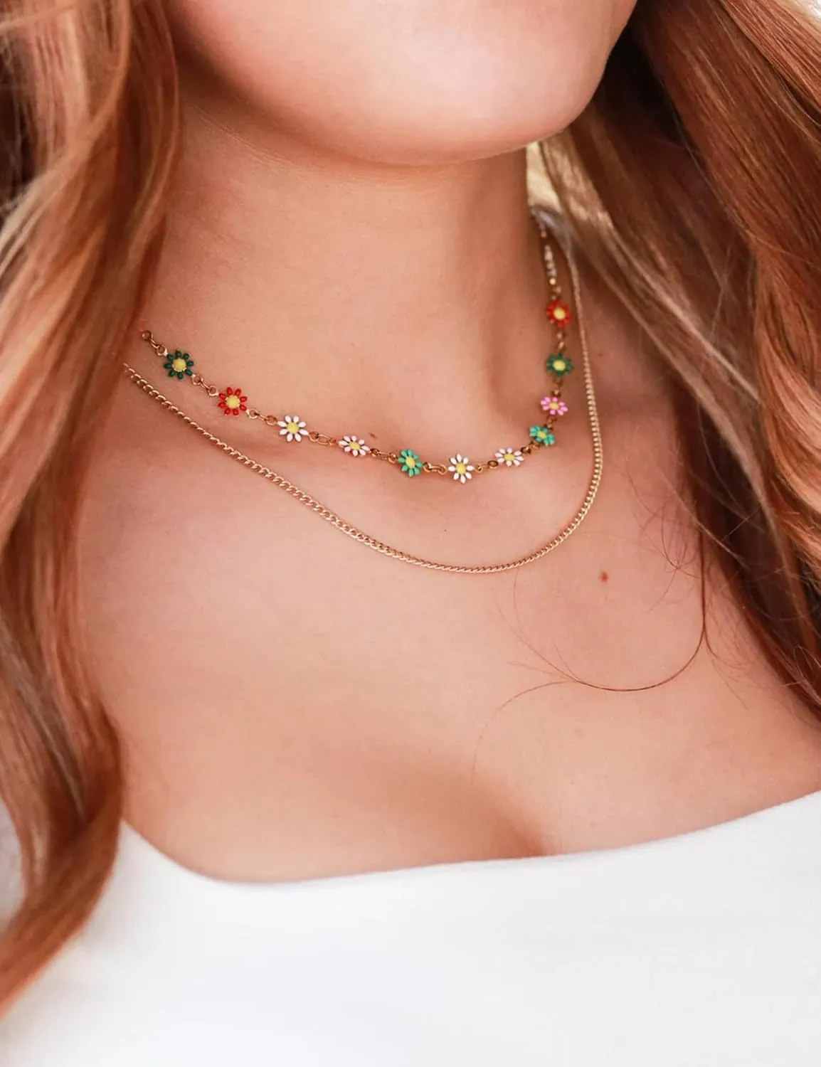Cute Flower Necklace for Women 18K Gold Plated Dainty Daisy Flower Pearl Choker Necklace for Women