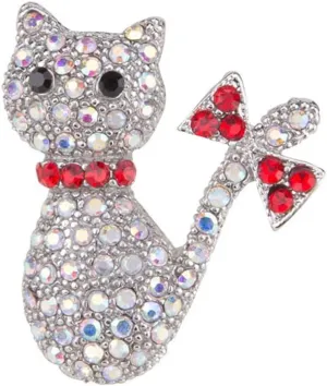 Cute Red Bow Cat Rhinestones Brooch Pin for Women Girls Funny Sparkly Crystal Animal Kitten Brooches Lapel Pins Dress Clothes Hat Bag Clothes Accessories Gifts for Christmas Bff Daughter New Year Birthday 34mm