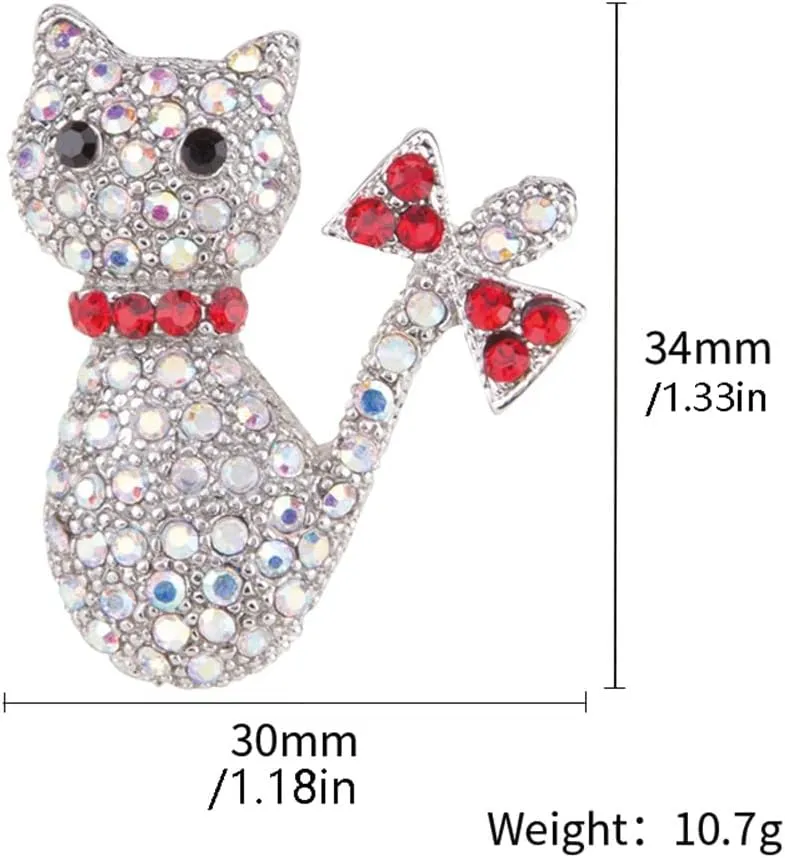 Cute Red Bow Cat Rhinestones Brooch Pin for Women Girls Funny Sparkly Crystal Animal Kitten Brooches Lapel Pins Dress Clothes Hat Bag Clothes Accessories Gifts for Christmas Bff Daughter New Year Birthday 34mm
