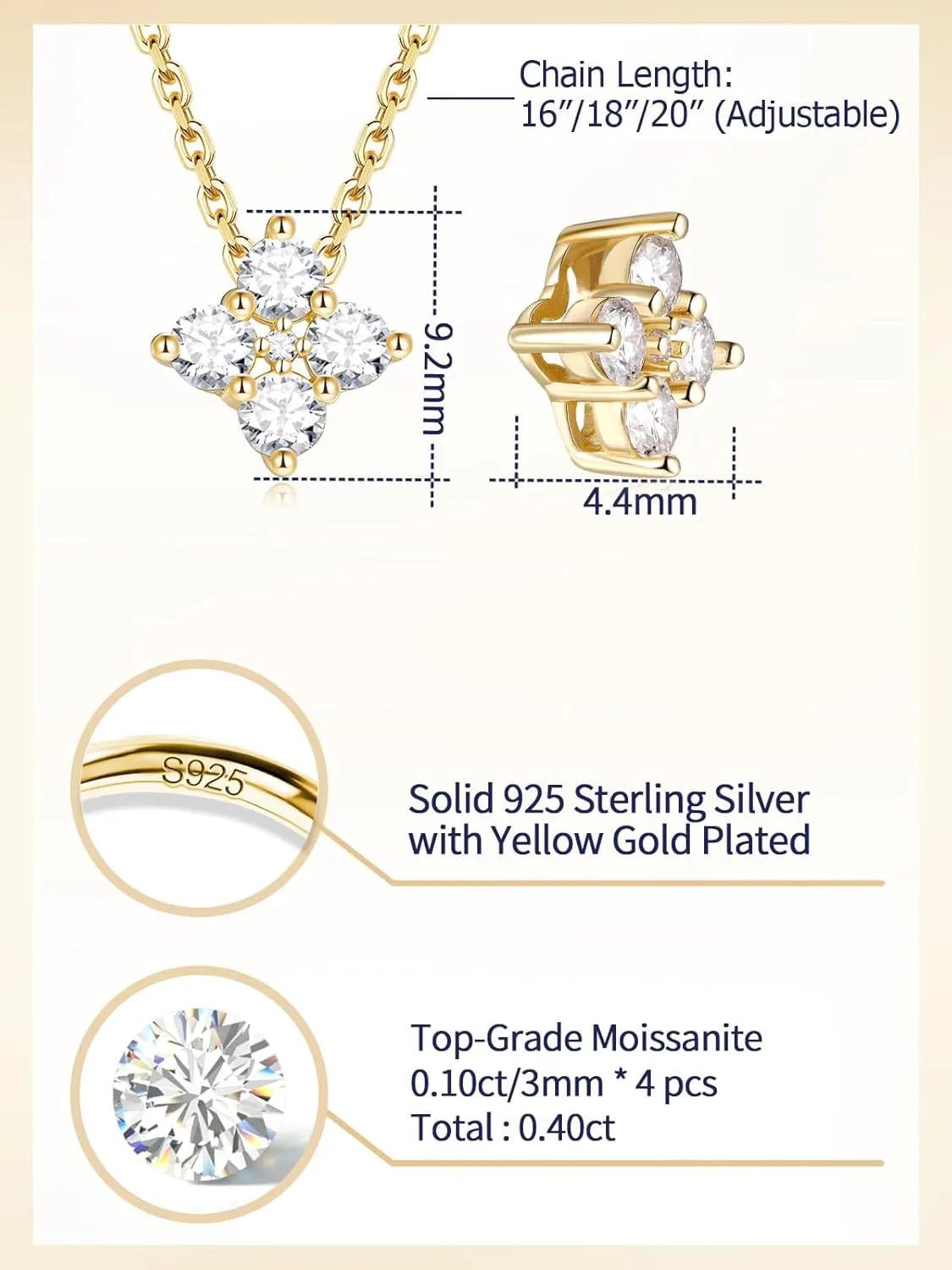 CYW Moissanite Dainty Small Pendant Necklace for Women, Solid 925 Sterling Silver, 16"/18"/20" Adjustable, Birthday Valentines Anniversary Mother's Day Ideal Gift for Her