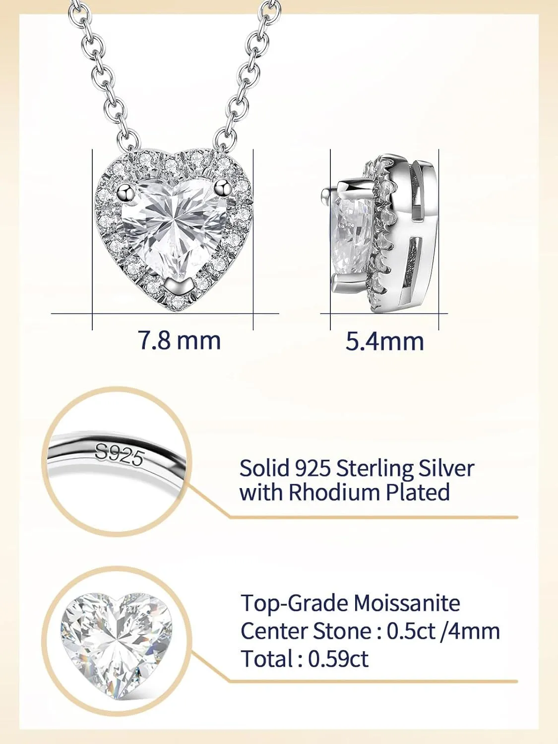 CYW Moissanite Dainty Small Pendant Necklace for Women, Solid 925 Sterling Silver, 16"/18"/20" Adjustable, Birthday Valentines Anniversary Mother's Day Ideal Gift for Her