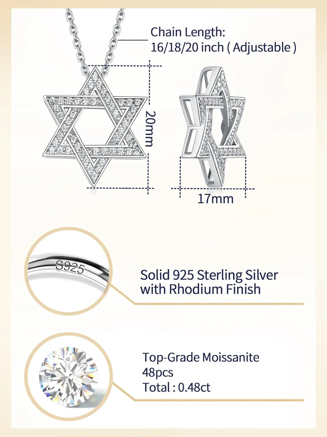 D Color VVS1 Clarity Moissanite Jewish Star of David Pendant Necklace for Women Men, Really Authentic Solid 925 Sterling Silver, 16"/18"/20" Adjustable, Israel Necklace