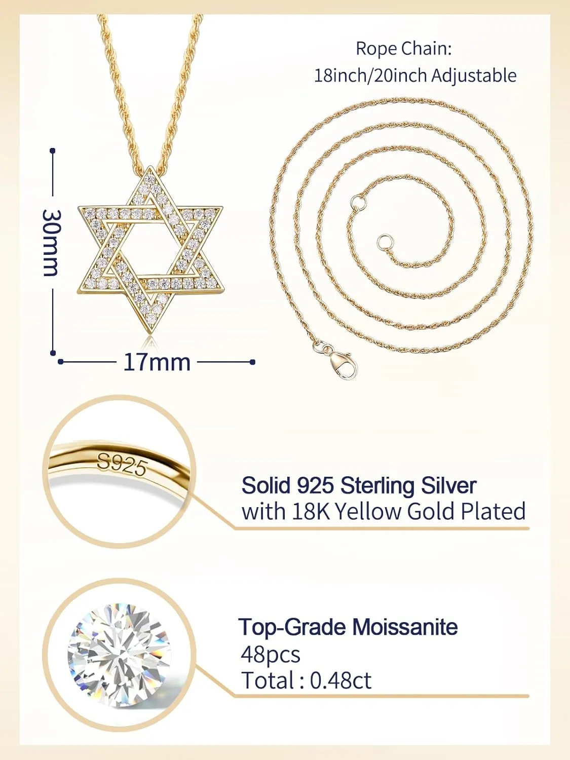 D Color VVS1 Clarity Moissanite Jewish Star of David Pendant Necklace for Women Men, Really Authentic Solid 925 Sterling Silver, 16"/18"/20" Adjustable, Israel Necklace