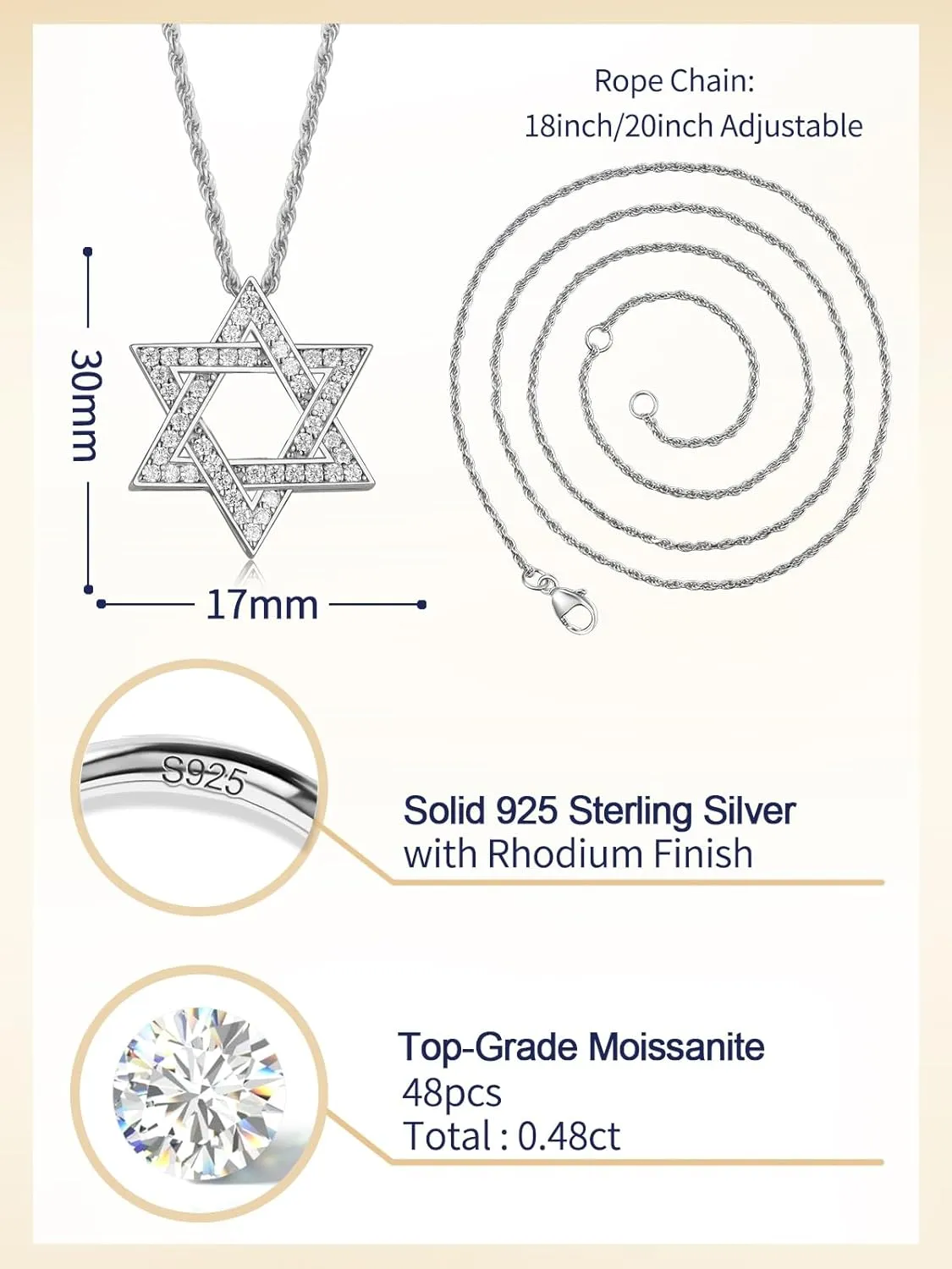 D Color VVS1 Clarity Moissanite Jewish Star of David Pendant Necklace for Women Men, Really Authentic Solid 925 Sterling Silver, 16"/18"/20" Adjustable, Israel Necklace
