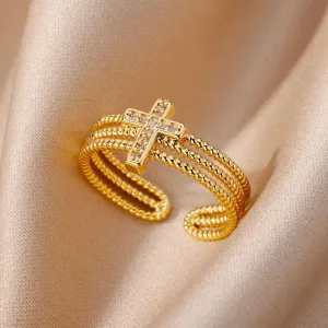 Dainty CZ Cross Butterfly Ring for Women Gold Adjustable Finger Ring Simple Statement Ring Jewelry Gift