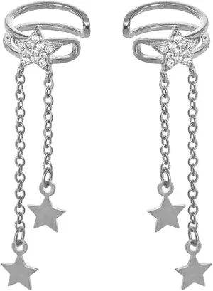 Dainty Star Tassel Dangle Ear Cuff Cartilage Clip On Earrings for Women 925 Sterling Silver Cubic Zirconia Crystal Small Huggie Hoops Chain Link Drop Dangling Layered Wrap Earring Fashion Birthday Jewelry Gifts Hypoallergenic Clips