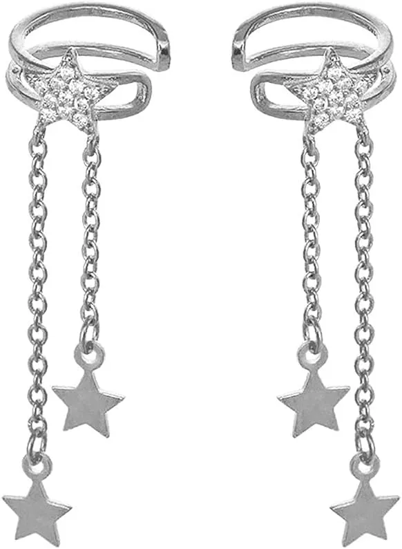 Dainty Star Tassel Dangle Ear Cuff Cartilage Clip On Earrings for Women 925 Sterling Silver Cubic Zirconia Crystal Small Huggie Hoops Chain Link Drop Dangling Layered Wrap Earring Fashion Birthday Jewelry Gifts Hypoallergenic Clips