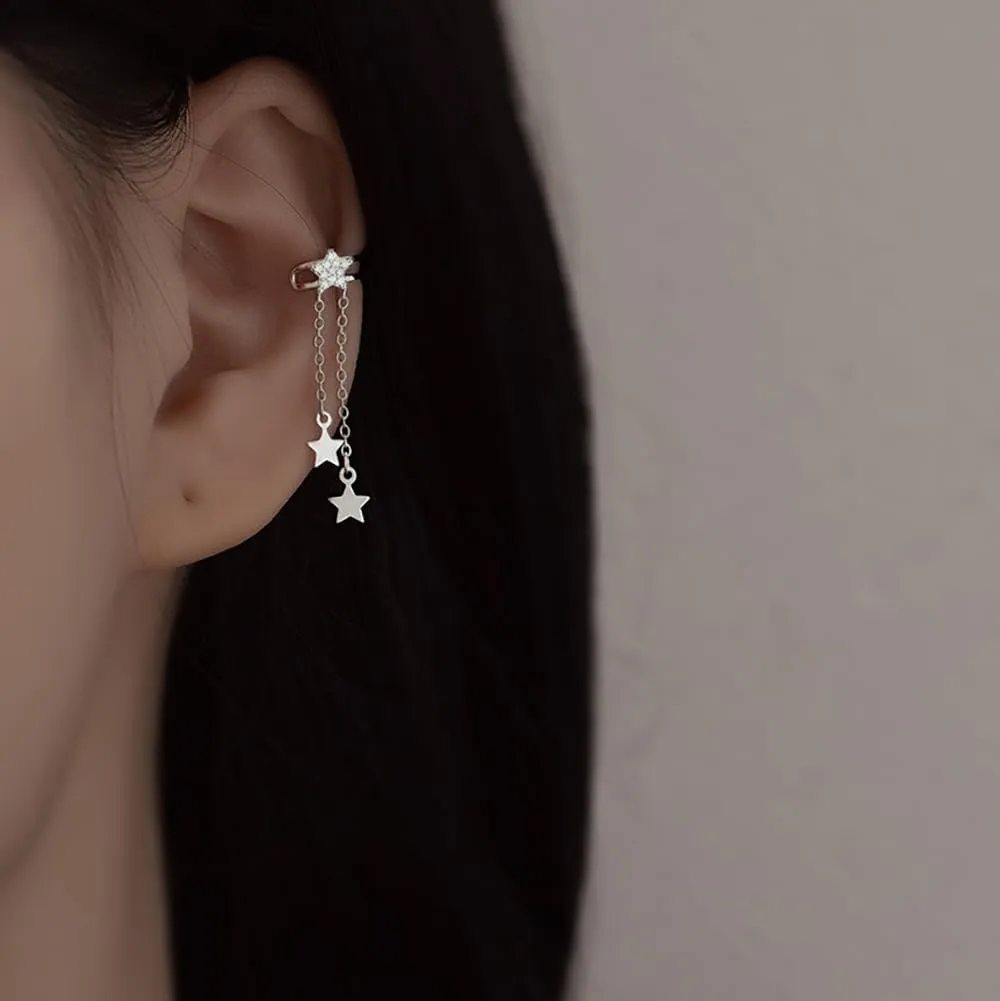 Dainty Star Tassel Dangle Ear Cuff Cartilage Clip On Earrings for Women 925 Sterling Silver Cubic Zirconia Crystal Small Huggie Hoops Chain Link Drop Dangling Layered Wrap Earring Fashion Birthday Jewelry Gifts Hypoallergenic Clips