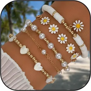 Daisy Bracelet Stackable Beaded Bracelets for Women Dainty Gold Pearl Bracelet Princess Daisy Costume for Women Trendy Accessories