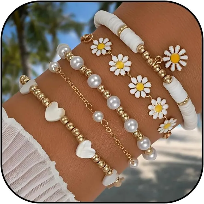 Daisy Bracelet Stackable Beaded Bracelets for Women Dainty Gold Pearl Bracelet Princess Daisy Costume for Women Trendy Accessories