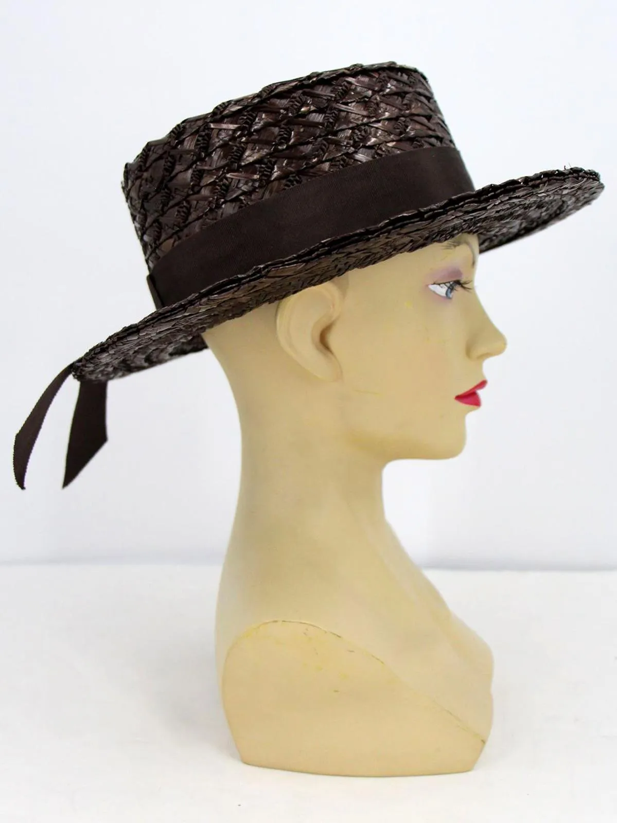 Dark Brown Raffia Vintage Brimmed Hat