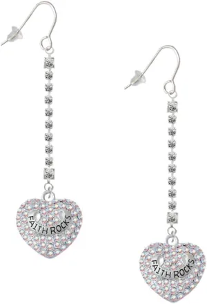 Delight Jewelry Silvertone Faith Rocks on AB Crystal Heart Silver-tone Long Sparkle Dangle French Earrings