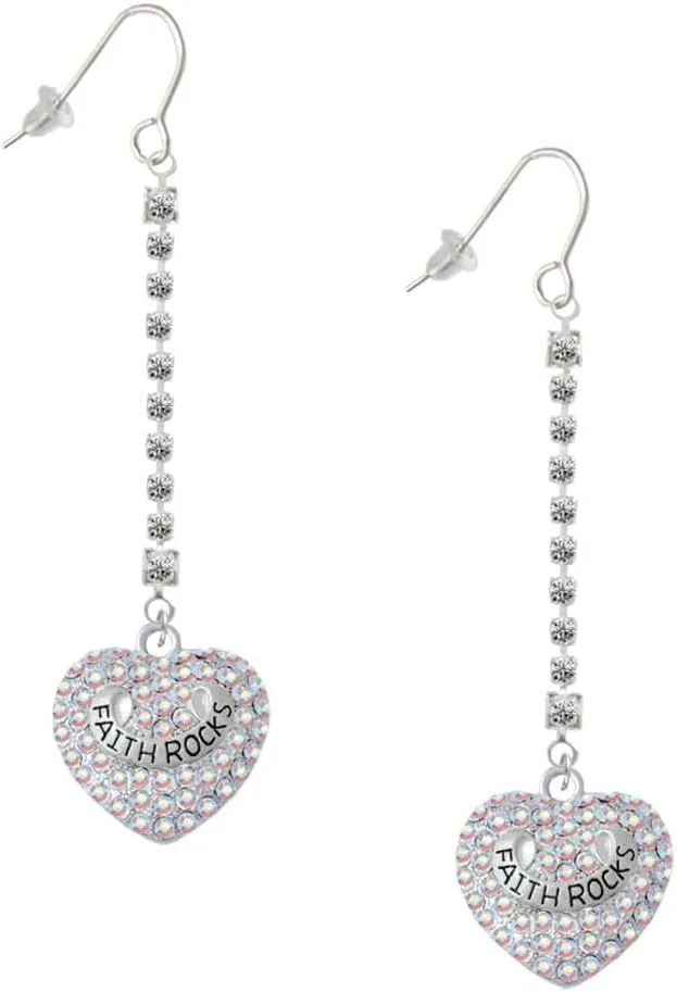 Delight Jewelry Silvertone Faith Rocks on AB Crystal Heart Silver-tone Long Sparkle Dangle French Earrings