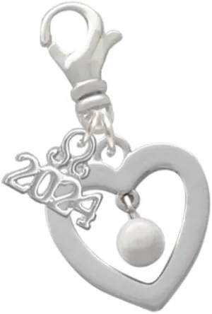 Delight Jewelry Silvertone Open heart with Imitation Pearl Drop - Clip on Charm with Year 2024