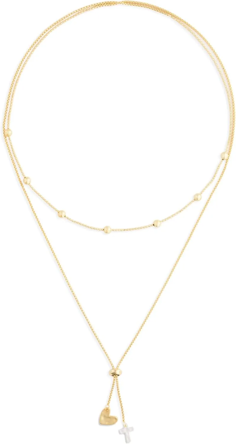DEMDACO Heart and Cross Gold Tone One Size Fits Most Brass Metal Lariat Charm Necklace