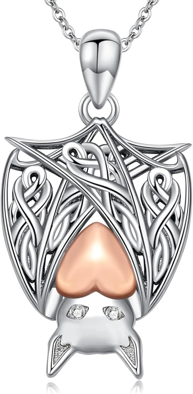 Diamond Bat Pendant Necklace S925 Sterling Silver Bat Heart Necklace Jewelry Gift for Women Halloween Necklace