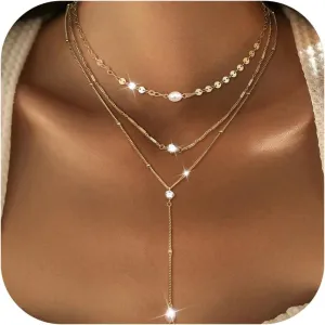 Dochais Layered Gold Chain Necklaces for Women Dainty Choker Charm Necklace Stack 14k Gold-Plated Non-Tarnish Statement Pendant Necklace Set