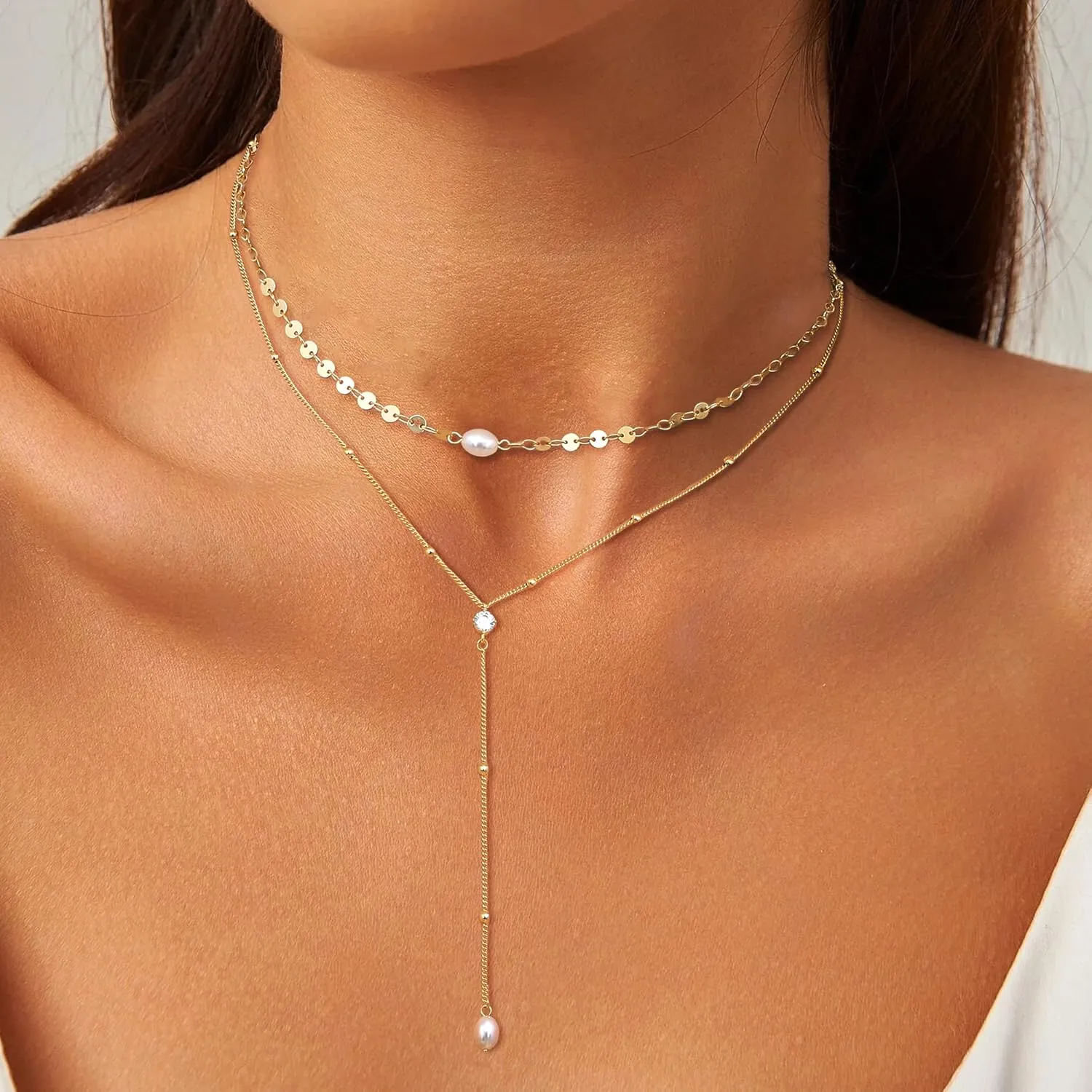 Dochais Layered Gold Chain Necklaces for Women Dainty Choker Charm Necklace Stack 14k Gold-Plated Non-Tarnish Statement Pendant Necklace Set