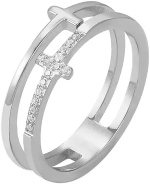 Double Cross Ring - 18K Gold Plated 925 Sterling Silver Cubic Zirconia, Hollow Double Layer Christian Cross Ring, Stackable Statement Ring for Women/Men, Faith Hope Love Ring (White 8)