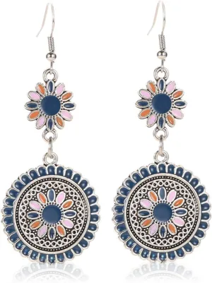 Dreuyet Bohemian Earrings Handmade Antique Ethnic Boho Earrings Geometric Round Sunflowers Spiral Earrings Vintage Hammered Earring for Women