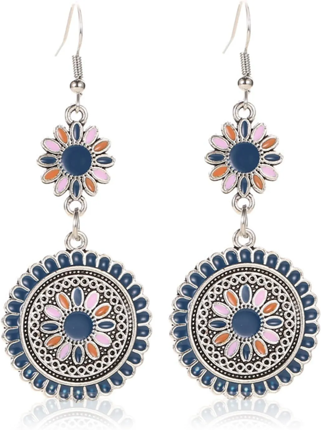 Dreuyet Bohemian Earrings Handmade Antique Ethnic Boho Earrings Geometric Round Sunflowers Spiral Earrings Vintage Hammered Earring for Women