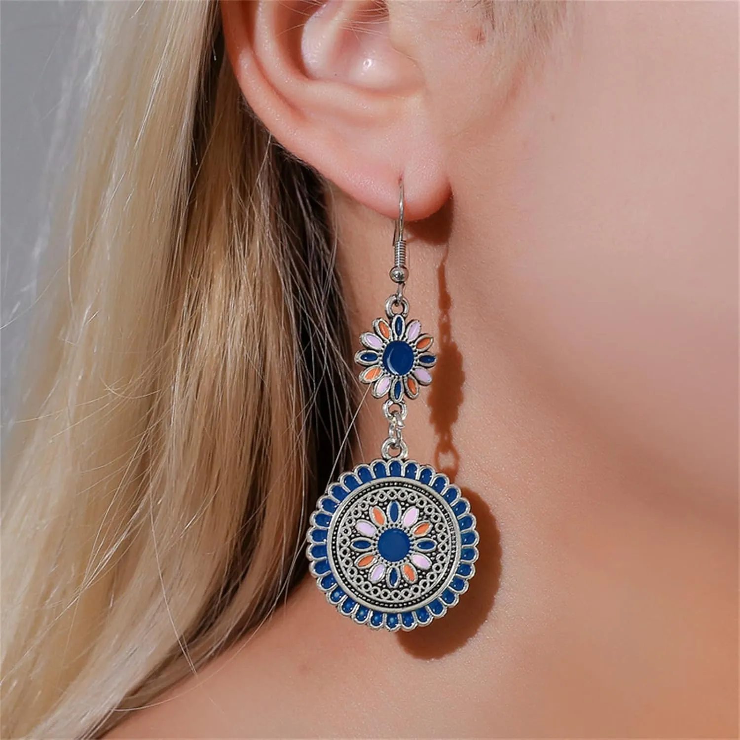Dreuyet Bohemian Earrings Handmade Antique Ethnic Boho Earrings Geometric Round Sunflowers Spiral Earrings Vintage Hammered Earring for Women