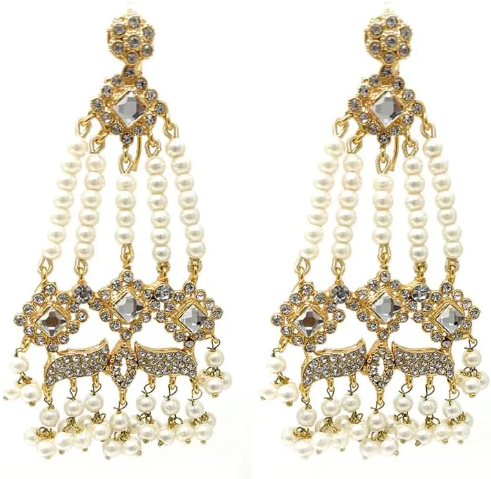 Duel On Jewel Pakistani Indian Bridal Statement Earrings, Hoop, Chandelier, Jhumka, Dangle Styles with Pearls, Zircon, Glass, Gold or Silver-Plated, 2.75-3.75 Inch, Wedding Dance Party Gift Jewelry