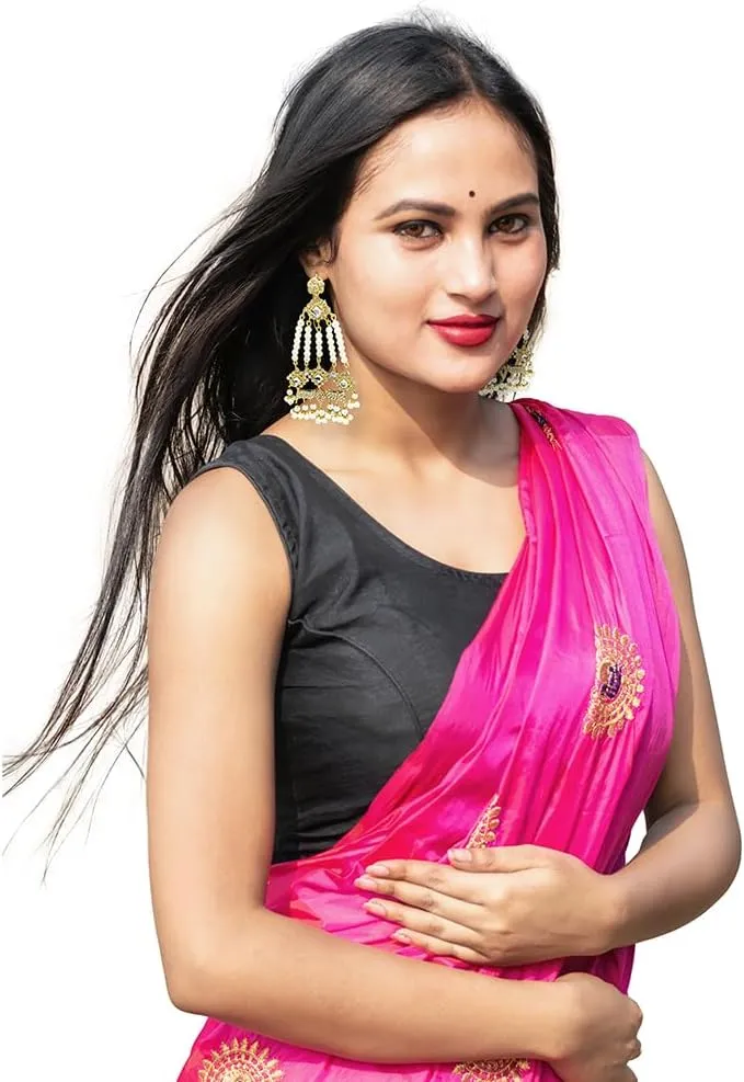 Duel On Jewel Pakistani Indian Bridal Statement Earrings, Hoop, Chandelier, Jhumka, Dangle Styles with Pearls, Zircon, Glass, Gold or Silver-Plated, 2.75-3.75 Inch, Wedding Dance Party Gift Jewelry