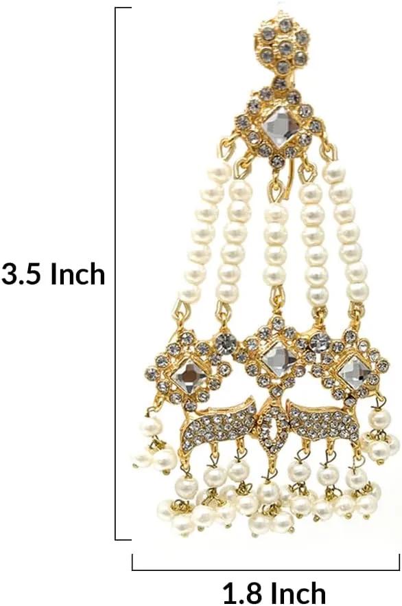 Duel On Jewel Pakistani Indian Bridal Statement Earrings, Hoop, Chandelier, Jhumka, Dangle Styles with Pearls, Zircon, Glass, Gold or Silver-Plated, 2.75-3.75 Inch, Wedding Dance Party Gift Jewelry